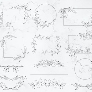 May include: A set of 12 hand-drawn floral frames and dividers. The frames are in a simple line style and feature various arrangements of leaves and branches. The dividers are simple and elegant.