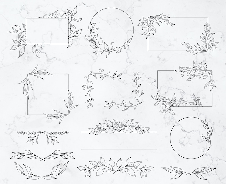 May include: A set of 12 hand-drawn floral frames and dividers. The frames are in a simple line style and feature various arrangements of leaves and branches. The dividers are simple and elegant.
