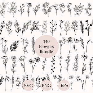 Puede incluir: Una colecci&oacute;n de 140 dibujos en blanco y negro de diferentes flores y plantas. Los dibujos son simples y elegantes, y ser&iacute;an perfectos para usar en una variedad de proyectos creativos. El texto "140 Flowers Bundle" est&aacute; en el centro de la imagen. El texto "SVG, PNG, EPS" est&aacute; en la parte inferior de la imagen.