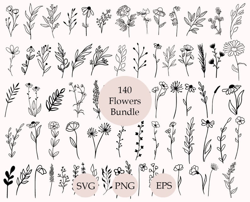 Puede incluir: Una colecci&oacute;n de 140 dibujos en blanco y negro de diferentes flores y plantas. Los dibujos son simples y elegantes, y ser&iacute;an perfectos para usar en una variedad de proyectos creativos. El texto "140 Flowers Bundle" est&aacute; en el centro de la imagen. El texto "SVG, PNG, EPS" est&aacute; en la parte inferior de la imagen.