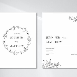 May include: A black and white wedding save the date card with a floral wreath design. The text reads "Jennifer and Matthew" and "18.08.2023".