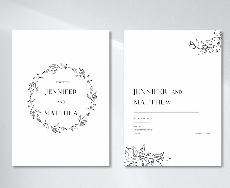 May include: A black and white wedding save the date card with a floral wreath design. The text reads "Jennifer and Matthew" and "18.08.2023".