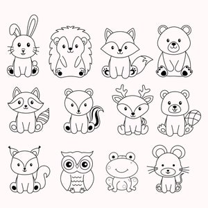 May include: Black and white line art illustrations of various animals, including a rabbit, hedgehog, fox, bear, raccoon, skunk, deer, beaver, squirrel, owl, frog, and mouse.