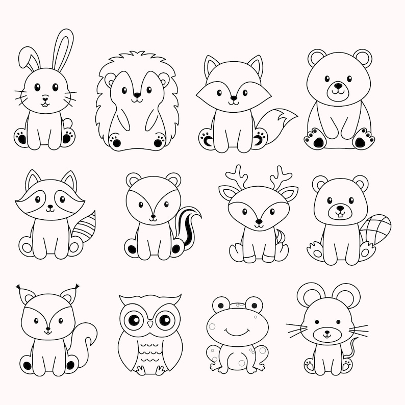 May include: Black and white line art illustrations of various animals, including a rabbit, hedgehog, fox, bear, raccoon, skunk, deer, beaver, squirrel, owl, frog, and mouse.