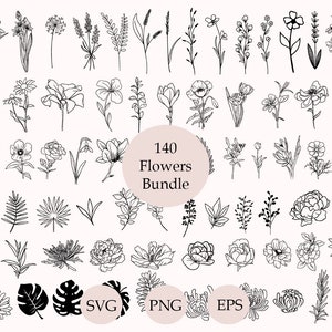 Puede incluir: Una colecci&oacute;n de 140 dibujos en blanco y negro de flores y hojas. Las im&aacute;genes est&aacute;n dispuestas en filas y columnas. El texto "140 Flowers Bundle" est&aacute; en el centro de la imagen. Las palabras "SVG", "PNG" y "EPS" est&aacute;n en la parte inferior de la imagen.