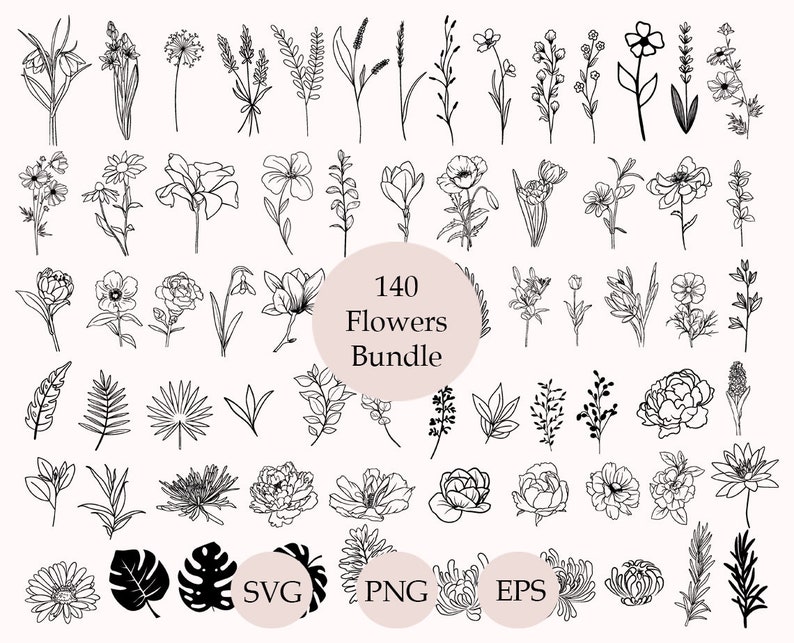 Puede incluir: Una colecci&oacute;n de 140 dibujos en blanco y negro de flores y hojas. Las im&aacute;genes est&aacute;n dispuestas en filas y columnas. El texto "140 Flowers Bundle" est&aacute; en el centro de la imagen. Las palabras "SVG", "PNG" y "EPS" est&aacute;n en la parte inferior de la imagen.
