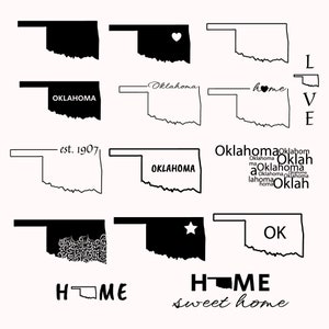 Op de afbeelding: Een set met zwart-witte ontwerpen van de omtrek van de staat Oklahoma. De ontwerpen bevatten de naam van de staat, de woorden "home" en "sweet home", en de afkorting "OK".