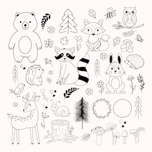 May include: Black and white line art illustrations of woodland animals, including a bear, fox, raccoon, rabbit, deer, owl, hedgehog, snail, and mushrooms. There are also trees, flowers, and other nature-themed elements.