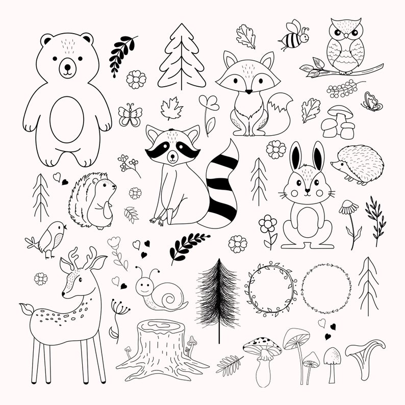 May include: Black and white line art illustrations of woodland animals, including a bear, fox, raccoon, rabbit, deer, owl, hedgehog, snail, and mushrooms. There are also trees, flowers, and other nature-themed elements.