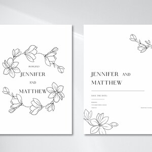 K&ouml;nnte beinhalten: Eine schwarz-wei&szlig;e Save-the-Date-Karte mit floralem Design. Die Karte tr&auml;gt den Text "Jennifer und Matthew" und "Save the Date".