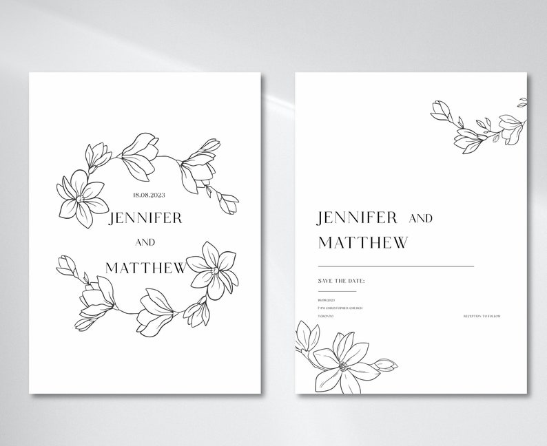 K&ouml;nnte beinhalten: Eine schwarz-wei&szlig;e Save-the-Date-Karte mit floralem Design. Die Karte tr&auml;gt den Text "Jennifer und Matthew" und "Save the Date".