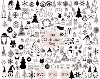 190 Weihnachts-Svg-Bundle, Weihnachtsschmuck-Svg, Originales einzigartiges Design, Weihnachtszwerg-Svg, Silouhette, Weihnachtsbaum und Kugeln Clipart