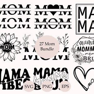 Könnte beinhalten: Eine Sammlung von schwarz-weißen Designs zum Thema Muttertag. Enthält Textgrafiken von "MOM", "MAMA" und "Mommy" sowie Blumen- und Herzillustrationen. Das Bundle enthält SVG-, PNG- und EPS-Dateiformate.