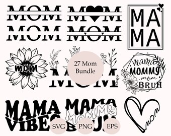Può includere: Una collezione di design in bianco e nero a tema Mamma. Include grafiche di testo di "MOM", "MAMA" e "Mommy", insieme a illustrazioni floreali e a forma di cuore. Il pacchetto include i formati di file SVG, PNG ed EPS.
