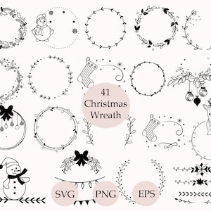Corona navideña SVG, 41 coronas SVG, paquete de SVG navideños, clipart de adornos navideños, SVG de bayas de acebo, paquete de SVG de coronas navideñas