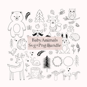 Bosdieren SVG bundel, baby dieren SVG, konijn, egel, vos, beer, wasbeer, herten, vogels, eekhoorn, uil, schattige dieren SVG, kwekerij SVG-bestanden
