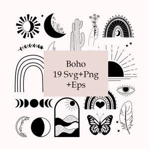 Op de afbeelding: Een set van 19 zwart-witte illustraties in boho-stijl, waaronder een zon, maan, regenboog, cactus, vlinder, veer en meer. De tekst "Boho 19 Svg+Png +Eps" staat in het midden van de afbeelding.