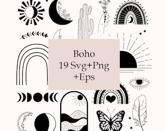 Boho Svg Bundle Hand Drawn, Floral Moon Svg, Moon Phases Svg, Butterfly Svg, Hippie Svg, Mystic Svg Bundle, Cricut Svg, Boho Rainbow Svg