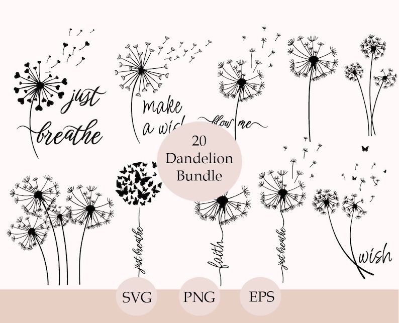 Paquete Svg de diente de León, Svg de diente de León, Cortar archivos para Cricut, Silueta, Png de diente de León, Imágenes Prediseñadas, Just Breathe Svg imagen 1