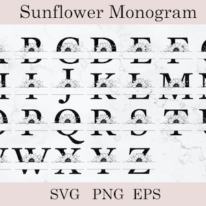 Alfabeto de flores Svg, Monograma de girassol dividido Svg, Gráfico de letras florais, Alfabeto botânico, Pacote de alfabeto