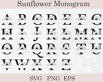 Alfabeto de flores SVG, monograma de girasol dividido SVG, gráfico de letras florales, alfabeto botánico, paquete de alfabeto
