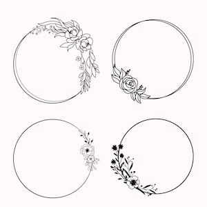 K&ouml;nnte beinhalten: Vier schwarze und wei&szlig;e runde Rahmen mit floralen Designs. Jeder Rahmen hat ein anderes florales Design mit Bl&auml;ttern und Blumen.