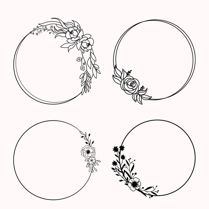 K&ouml;nnte beinhalten: Vier schwarze und wei&szlig;e runde Rahmen mit floralen Designs. Jeder Rahmen hat ein anderes florales Design mit Bl&auml;ttern und Blumen.