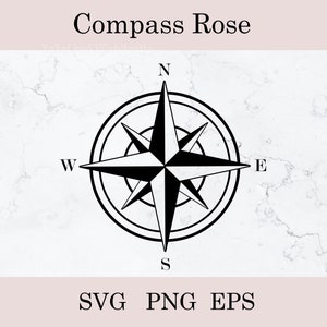 May include: Black and white compass rose with the letters N, S, E, and W on a white marble background.