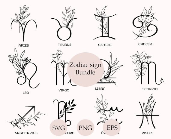 Zodiac Svg Bundle, Zodiac Sign Svg, Flower Zodiac Png, Astrology Svg, Horoscope Symbols Svg, Outline, Clipart