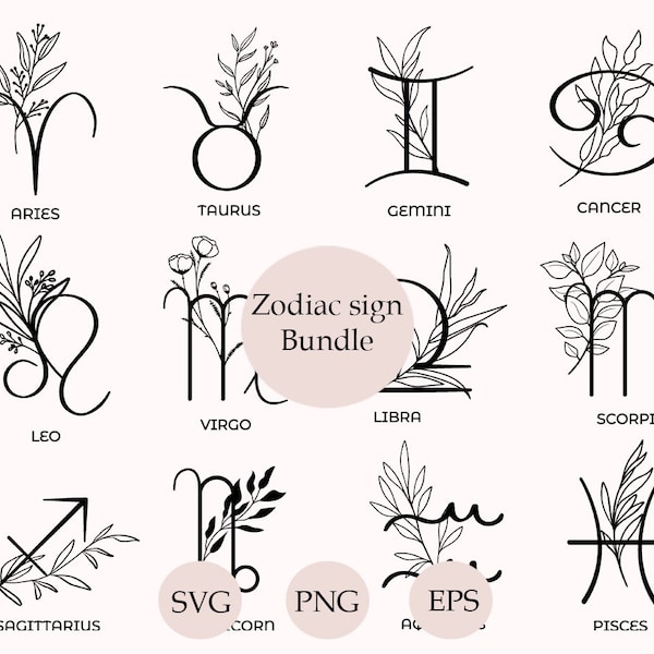 Zodiac Svg Bundle, Zodiac Sign Svg, Flower Zodiac Png, Astrology Svg, Horoscope Symbols Svg, Outline, Clipart