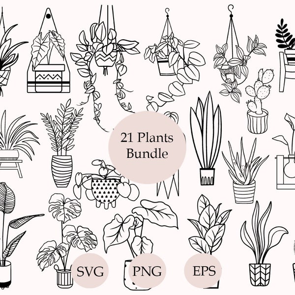Plants SVG Bundle, Hand Drawn Clipart, Hanging Plant Svg, Gardening Silhouette, Floral Svg, Botanical Svg, Leaves Png, Cut Files