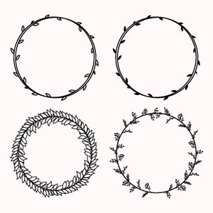 May include: Four black and white circular wreaths with different leaf designs. The wreaths are perfect for adding a touch of nature to your crafts and projects.