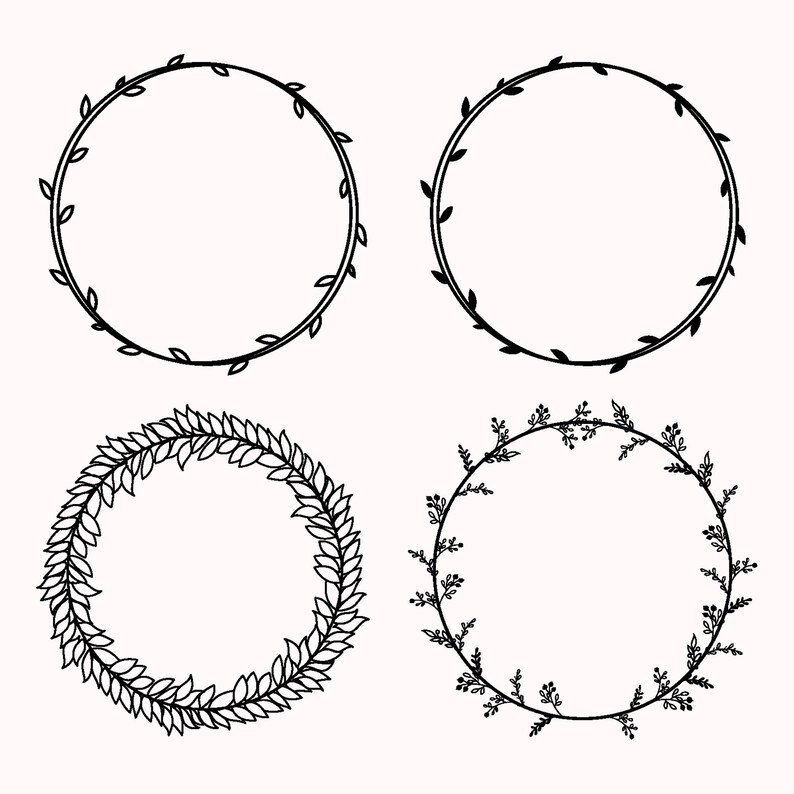 May include: Four black and white circular wreaths with different leaf designs. The wreaths are perfect for adding a touch of nature to your crafts and projects.