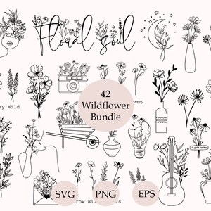 K&ouml;nnte beinhalten: Ein Set mit 42 Schwarzwei&szlig;-Linienzeichnungen von Wildblumen, Pflanzen und Blumenarrangements. Die Illustrationen umfassen eine Vielzahl von Blumen, Bl&auml;ttern und Stielen sowie einige andere Elemente wie eine Kamera, eine Schubkarre, eine Gl&uuml;hbirne und eine Gitarre. Der Text "42 Wildflower Bundle" ist im Bild enthalten.