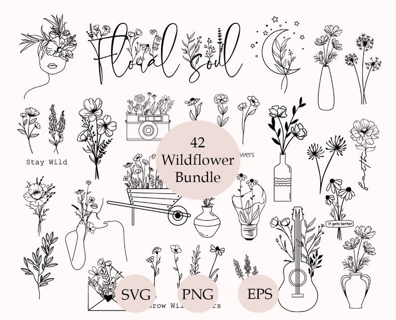 K&ouml;nnte beinhalten: Ein Set mit 42 Schwarzwei&szlig;-Linienzeichnungen von Wildblumen, Pflanzen und Blumenarrangements. Die Illustrationen umfassen eine Vielzahl von Blumen, Bl&auml;ttern und Stielen sowie einige andere Elemente wie eine Kamera, eine Schubkarre, eine Gl&uuml;hbirne und eine Gitarre. Der Text "42 Wildflower Bundle" ist im Bild enthalten.