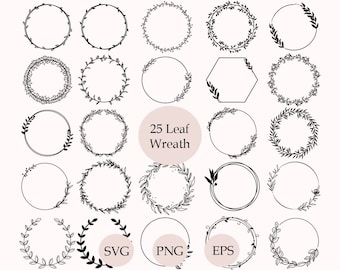 Pacchetto ghirlanda SVG, ghirlanda di foglie SVG, ghirlanda con cornice circolare per matrimonio, clipart di ghirlande, monogramma di ghirlanda SVG, cerchio di fiori SVG