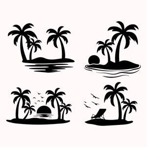 K&ouml;nnte beinhalten: Vier Schwarz-Wei&szlig;-Silhouetten-Illustrationen von tropischen Inseln mit Palmen. Die Inseln sind von Wasser umgeben und haben einen Sonnenuntergang im Hintergrund. Eine Insel hat einen Liegestuhl.