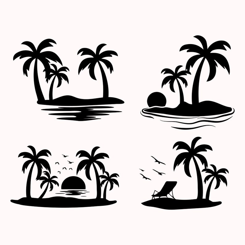 K&ouml;nnte beinhalten: Vier Schwarz-Wei&szlig;-Silhouetten-Illustrationen von tropischen Inseln mit Palmen. Die Inseln sind von Wasser umgeben und haben einen Sonnenuntergang im Hintergrund. Eine Insel hat einen Liegestuhl.