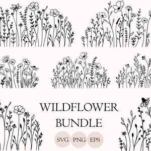 Wildblumen-Svg-Bundle, Blumenwiese-Svg, Blumenrand SVG, Minimalistischer Blumenstrauß, Wildblumen Clipart, Blumenskizze-Svg