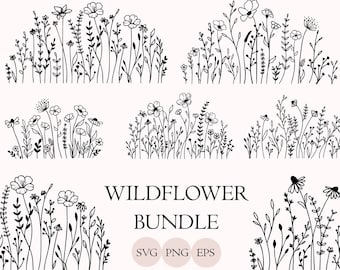 Wildblumen-Svg-Bundle, Blumenwiese-Svg, Blumenrand SVG, Minimalistischer Blumenstrauß, Wildblumen Clipart, Blumenskizze-Svg