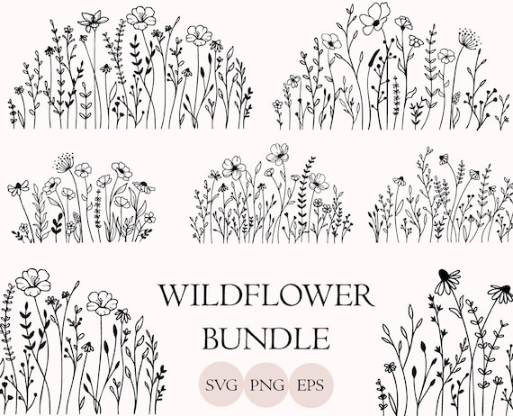 Wildflower Svg Bundle, Flower Meadow Svg, Flower Border SVG, Minimalist Flower Bouquet, Wildflower Clipart, Flower Sketch Svg