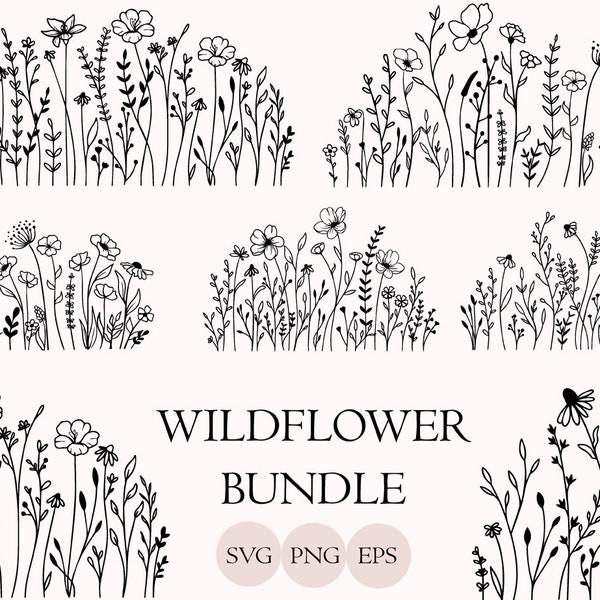 Bundle Svg de fleurs sauvages, prairie de fleurs Svg, bordure de fleurs SVG, bouquet de fleurs minimaliste, clipart fleurs sauvages, fleur croquis Svg