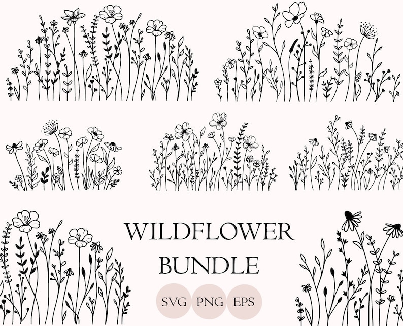 Puede incluir: Un conjunto de cinco dibujos en blanco y negro de flores silvestres. Los dibujos son simples y elegantes, y ser&iacute;an perfectos para usar en una variedad de proyectos, como tarjetas de felicitaci&oacute;n, invitaciones o scrapbooking.