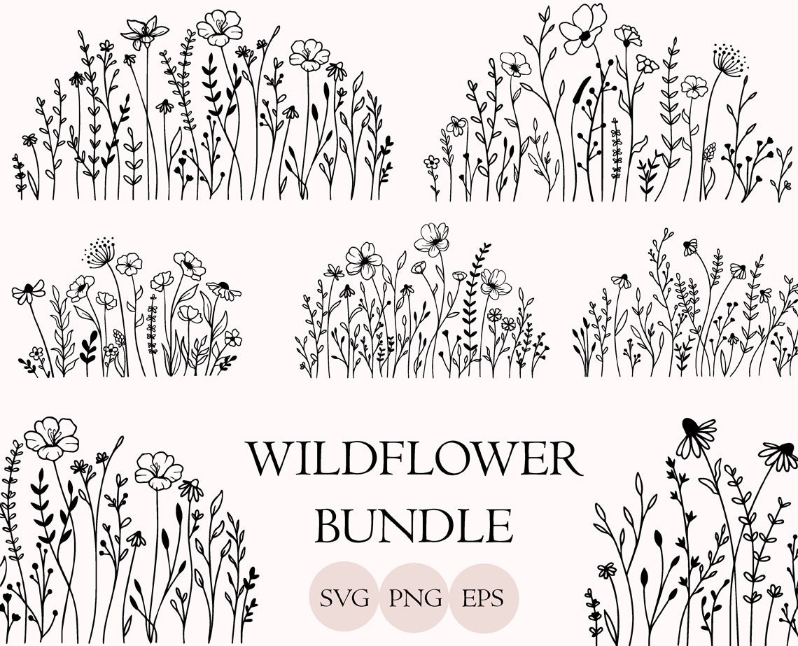 Pacchetto Svg Wildflower, Svg Flower Meadow, Svg Flower Border, Bouquet di fiori minimalista, Clipart Wildflower, Svg Flower Sketch