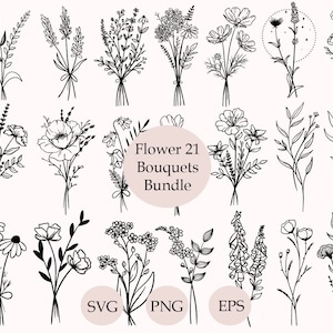 Bloemen boeket Svg bundel, boeket Svg, bloem Svg, bloemboeket Png, bruiloft Svg, Cricut-bestanden, handgetekende wilde bloemen, schattig boeket