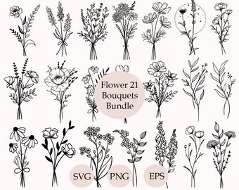 Floral Bouquet Svg Bundle, Bouquet Svg, Flower Svg, Flower Bouquet Png, Wedding Svg, Cricut Files, Hand Drawn Wild Flowers, Cute Bouquet