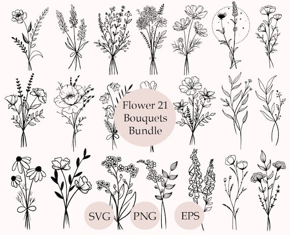 Floral Bouquet Svg Bundle, Bouquet Svg, Flower Svg, Flower Bouquet Png, Wedding Svg, Cricut Files, Hand Drawn Wild Flowers, Cute Bouquet
