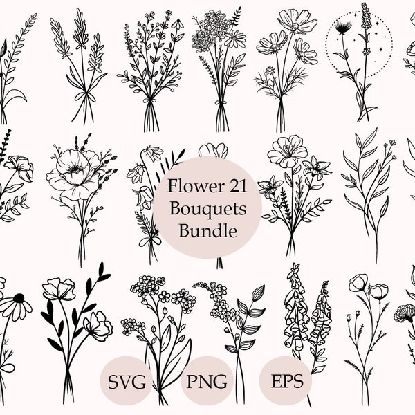 Floral Bouquet Svg Bundle, Bouquet Svg, Flower Svg, Flower Bouquet Png, Wedding Svg, Cricut Files, Hand Drawn Wild Flowers, Cute Bouquet