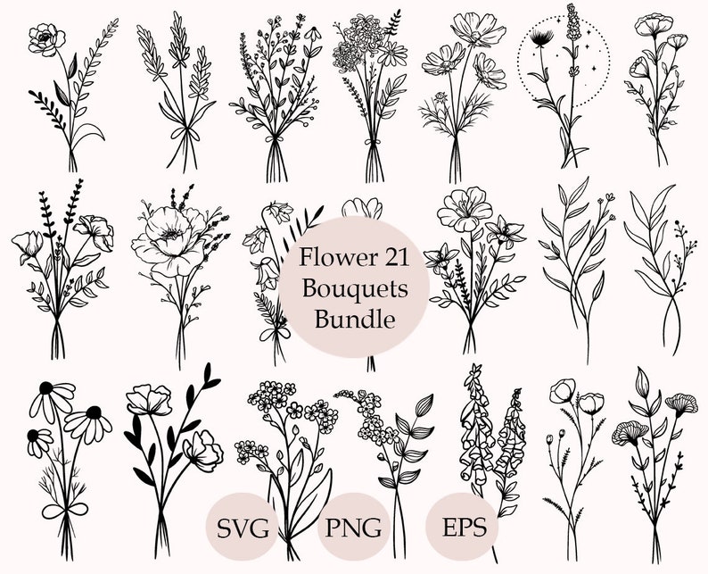 May include: A collection of 21 floral bouquets in a line art style. Each bouquet is tied with a ribbon. The image includes the text "Flower 21 Bouquets Bundle" and the file type options: SVG, PNG, and EPS.
