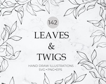 May include: Black and white line art illustration of leaves and twigs. The image has the text "142 Leaves & Twigs Hand Draw Illustrations SVG. PNG. EPS"